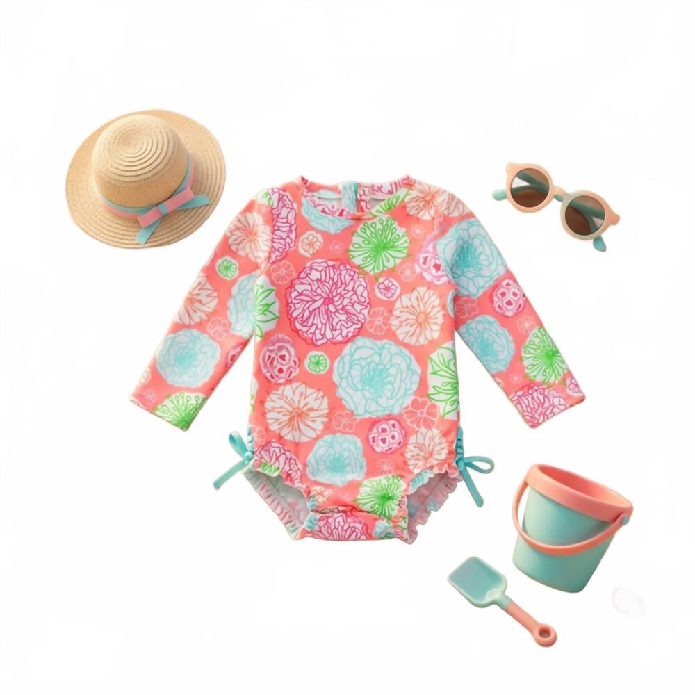 NEW RUFFLEBUTTS girls' tropical gardens ruffled rash guard one piece swim suit i
